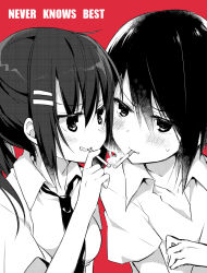 Rule 34 | 2girls, blush, breasts, cigarette, collarbone, collared shirt, commentary request, copyright request, english text, greyscale, greyscale with colored background, grin, hair between eyes, hair ornament, hairclip, highres, hisagi (puchimaple), long hair, looking at another, medium breasts, monochrome, mouth hold, multiple girls, necktie, parted lips, ponytail, red background, shirt, simple background, smile, smoke, smoking