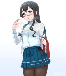 Rule 34 | 1girl, afterimage, aqua eyes, black-framed eyewear, black hair, black pantyhose, blue shirt, blue skirt, blush, buttons, cowboy shot, dress shirt, geometrie, glasses, gradient background, green hairband, hairband, hip vent, holding, holding clothes, holding necktie, kantai collection, layered sleeves, long hair, long sleeves, necktie, ooyodo (kancolle), open mouth, pantyhose, pleated skirt, red necktie, shirt, short over long sleeves, short sleeves, skirt, solo, wet, wet clothes, wet shirt