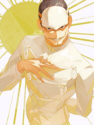 Rule 34 | 1boy, arm behind back, black eyes, black hair, burn scar, commentary request, dated, facial hair, forehead protector, goatee, golden kamuy, grin, hair slicked back, hand on own chest, highres, jacket, long sleeves, looking at viewer, male focus, military jacket, military uniform, mohumohu owl, mustache, pants, scar, scar on face, short hair, smile, solo, sunburst, sunburst background, tsurumi tokushirou, twitter username, uniform, very short hair, white jacket, white pants