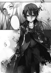 Rule 34 | 1boy, 1girl, administrator (sao), collarbone, dual wielding, fingerless gloves, gloves, greyscale, highres, holding, holding sword, holding weapon, kirito, looking at viewer, looking back, monochrome, novel illustration, official art, open mouth, pants, parted bangs, quinella, shirt, spoilers, standing, sword, sword art online, sword art online: alicization, weapon