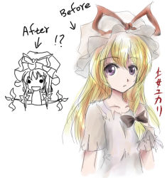 Rule 34 | 2girls, before and after, blonde hair, comparison, cosette, cosette tholomyes, crossover, female focus, hat, les miserables, milksea, multiple girls, parody, purple eyes, sketch, torn clothes, touhou, yakumo yukari