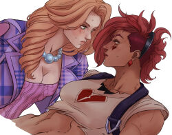 Rule 34 | 2girls, blonde hair, blush, breasts, caitlyn (league of legends), cleavage, crop top, earrings, eyebrow cut, green eyes, heart, heartache vi, heartthrob caitlyn, highres, jacket, jewelry, league of legends, long hair, looking at another, marceline2174, medium breasts, midriff, multiple girls, necklace, pearl necklace, pink hair, purple jacket, short hair, single earring, sweatdrop, vi (league of legends), yuri
