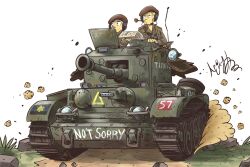 Rule 34 | !, 2boys, arjay-the-lionheart, armored vehicle, artist name, beret, binoculars, black eyes, blonde hair, canada, canadian army, caterpillar tracks, collared shirt, commentary, cromwell (tank), dirt road, dust cloud, english commentary, english text, grass, grey shirt, gun, hat, hatch, headlight, headset, highres, holding, holding map, long sleeves, looking to the side, looking up, machine gun, map, map (object), military, military hat, military uniform, military vehicle, motor vehicle, mouth hold, multiple boys, open hatch, original, radio antenna, red headwear, road, rock, shirt, short hair, simple background, smoking pipe, soldier, star (symbol), tank, tank turret, toon (style), triangle, turret, uniform, upper body, vehicle focus, very short hair, weapon, white background, world war ii