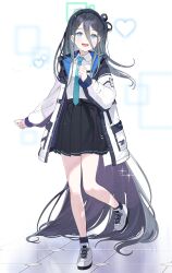 Rule 34 | 1girl, absurdly long hair, aqua halo, aris (blue archive), black hair, black hairband, blue archive, blue eyes, blue necktie, commentary, hair between eyes, hairband, halo, heart, highres, jacket, koyoi mitsuki, long hair, long hair between eyes, looking at viewer, necktie, one side up, open clothes, open jacket, open mouth, pleated skirt, rectangular halo, skirt, solo, symbol-only commentary, very long hair