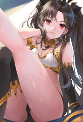 Rule 34 | 1girl, absurdres, asymmetrical legwear, asymmetrical sleeves, bad id, bad pixiv id, bare shoulders, black hair, breasts, commentary request, detached collar, earrings, elbow gloves, fate/grand order, fate (series), gloves, hair ribbon, highres, hoop earrings, ishida umi, ishtar (fate), jewelry, kneepits, long hair, long legs, looking at viewer, medium breasts, parted bangs, red eyes, ribbon, single elbow glove, single thighhigh, smile, solo, thighhighs, two side up, uneven legwear, uneven sleeves