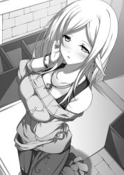 Rule 34 | 1girl, blush, bracelet, breasts, collarbone, elf no kuni no kyuutei madoushi ni naretanode himesama ni seitekina itazura wo shitemita, from above, greyscale, hand on own cheek, hand on own face, highres, jewelry, large breasts, long hair, long skirt, minamon (vittel221), monochrome, necklace, novel illustration, o-ring, off-shoulder, off-shoulder sweater, off shoulder, official art, open mouth, pointy ears, print skirt, skirt, solo, standing, sweater