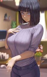 Rule 34 | 1girl, black hair, blue eyes, blunt bangs, bob cut, breasts, denim, highres, hyuuga hinata, jeans, jewelry, large breasts, light smile, long hair, looking at viewer, naruto (series), pants, ribbed sweater, ring, shexyo, smile, solo, sweater