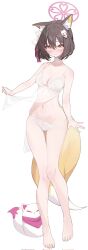 Rule 34 | 1girl, animal ear fluff, animal ears, bare arms, bare legs, bare shoulders, barefoot, blue archive, blush, bra, brown hair, clothes lift, colored inner animal ears, commentary request, fox ears, fox girl, fox mask, fox tail, full body, hair between eyes, halo, highres, izuna (blue archive), korean commentary, looking at viewer, mask, munseonghwa, navel, panties, pink halo, rope, shimenawa, short hair, solo, standing, stomach, tail, underwear, white bra, white panties, yellow eyes