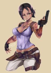 Rule 34 | 1girl, absurdres, armlet, artist name, beige background, belt, beretta 92, black gloves, bracer, breasts, brown hair, choker, cleavage, commentary request, cowboy shot, dark skin, dark-skinned female, earrings, fingerless gloves, fox udon, gloves, gun, hand up, handgun, highres, holding, holding gun, holding weapon, holster, hoop earrings, jewelry, knife, lips, long hair, looking to the side, medium breasts, multiple earrings, navel, necklace, ponytail, resident evil, resident evil 5, sheath, sheva alomar, shoulder tattoo, simple background, solo, tactical clothes, tank top, tattoo, thigh holster, trigger discipline, tsurime, weapon, yellow eyes