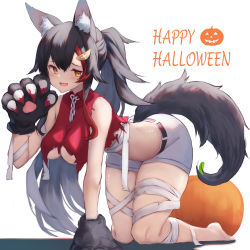 Rule 34 | 1girl, absurdres, all fours, animal ear fluff, animal ears, animal hands, bandaged leg, bandages, barefoot, belt, black hair, breasts, crop top, fake blood, fake claws, fang, gloves, hair ornament, halloween, highres, hololive, inre kemomimi, large breasts, long hair, looking at viewer, multicolored hair, ookami mio, open mouth, paw gloves, paw pose, ponytail, pumpkin, raised eyebrows, red hair, shirt, shorts, solo, streaked hair, tail, torn clothes, torn shirt, very long hair, virtual youtuber, white shorts, wolf ears, wolf girl, wolf tail