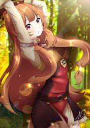 Rule 34 | 1girl, absurdres, animal ears, arms up, blurry, bokeh, breasts, brown hair, day, depth of field, forest, highres, light rays, long hair, long sleeves, looking at viewer, medium breasts, nature, neru kuroshiru, outdoors, raccoon ears, raccoon girl, raccoon tail, raphtalia, red eyes, signature, solo, sunbeam, sunlight, tail, tate no yuusha no nariagari