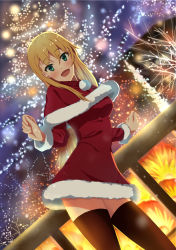 Rule 34 | 1girl, :d, amagi jiang, black thighhighs, blonde hair, blush, capelet, dress, dutch angle, from below, fur trim, gamers!, green eyes, hair between eyes, highres, leaning forward, long hair, looking at viewer, night, open mouth, outdoors, red capelet, red dress, santa costume, short dress, smile, solo, standing, tendou karen, thighhighs, zettai ryouiki