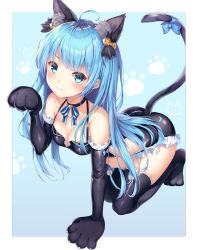 Rule 34 | 1girl, :3, absurdres, ahoge, all fours, animal ear fluff, animal ears, animal hands, bare shoulders, bell, black choker, black gloves, black leotard, black thighhighs, blue eyes, blue hair, blue ribbon, blush, breasts, cat ears, cat tail, choker, cleavage, closed mouth, collarbone, dangmyo, elbow gloves, frills, gloves, halloween costume, halterneck, highres, jingle bell, king&#039;s raid, leotard, lilia (king&#039;s raid), long hair, looking at viewer, paw gloves, paw print, paw print background, ribbon, sidelocks, small breasts, smile, solo, tail, tail ornament, tail ribbon, thighhighs, thighs, v-shaped eyebrows