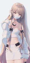 1girl, absurdres, bare shoulders, braid, breasts, brown hair, camisole, choker, close-up, cowboy shot, crop top, cropped jacket, ear piercing, earrings, flower bracelet, hand up, highres, hip vent, horns, jacket, jewelry, long hair, long sleeves, looking at viewer, mask, midriff, miniskirt, mouth mask, navel, off shoulder, open clothes, open jacket, original, panties, pencil skirt, piercing, pink eyes, shirt, side-tie peek, skirt, sleeveless, sleeveless shirt, small breasts, snow is, solo, spaghetti strap, stomach, string panties, twin braids, underwear, very long hair, white background, white choker, white jacket, white shirt, white skirt