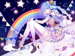 Rule 34 | 1girl, bloomers, blue bow, blue eyes, blue hair, bow, bunting, confetti, constellation, dress, frilled dress, frills, hair bow, hands on own knees, hatsune miku, high heels, highres, matching hair/eyes, open mouth, orange (vocaloid), pennant, petticoat, rainbow, reflection, saegusa (ainginging), short dress, sitting, solo, star (symbol), string of flags, thighhighs, underwear, vocaloid, white thighhighs