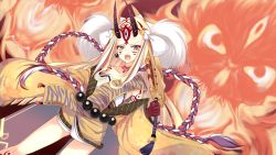 Rule 34 | &gt;:o, 1girl, :o, beads, blonde hair, breasts, carrying over shoulder, colored skin, dutch angle, earrings, facial mark, fate/grand order, fate (series), fingernails, floral print, furrowed brow, hair ornament, head tilt, headdress, holding, holding sword, holding weapon, horns, ibaraki douji (fate), japanese clothes, jewelry, kimono, long fingernails, long hair, looking at viewer, off shoulder, oni, oni horns, open mouth, over shoulder, projected inset, red skin, rope, sash, sharp fingernails, short kimono, grey eyes, small breasts, solo focus, strapless, sukage, sword, tassel, tattoo, teeth, third eye, tiger stripes, v-shaped eyebrows, weapon, weapon over shoulder, white hair, wide sleeves, yellow eyes
