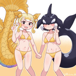 Rule 34 | 2girls, bikini, black hair, blonde hair, blowhole, blush, breasts, brown eyes, cetacean tail, covered eyes, dorsal fin, fins, fish girl, fish tail, gold bikini, hair between eyes, hair over eyes, head fins, highres, holding hands, kemono friends, kemono friends 3, kinshachi (kemono friends), looking at viewer, medium breasts, metamimi, multicolored hair, multiple girls, navel, open mouth, orca (kemono friends), orca girl, short hair, sidelocks, smile, swimsuit, tail, two-tone hair, v, white hair