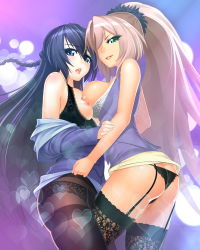 Rule 34 | 2girls, anesha, ar tonelico, ass, bare shoulders, black hair, black legwear, blonde hair, blue eyes, blue hair, body blush, bra, braid, breast press, breast slip, breasts, clothes lift, cross edge, flat ass, garter straps, hair over one eye, highres, lace, lace-trimmed bra, lace-trimmed legwear, lace-trimmed panties, lace trim, legs, lingerie, looking at viewer, looking back, lucknight, misha arsellec lune, multiple girls, naughty face, off shoulder, one breast out, open mouth, panties, panties under pantyhose, pantyhose, parted lips, ponytail, shiny skin, skirt, skirt lift, smile, symmetrical docking, thighband pantyhose, thighhighs, thighs, underwear