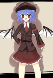 Rule 34 | 1girl, :d, alternate costume, bat wings, blue hair, fang, gaius (nikoniko2), hand on own hip, hat, highres, looking at viewer, necktie, open mouth, red eyes, remilia scarlet, short hair, smile, solo, standing, touhou, wings