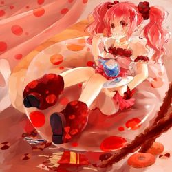 Rule 34 | 10s, charlotte (madoka magica), food, french fries, ice cream, leg warmers, mahou shoujo madoka magica, mahou shoujo madoka magica (anime), panties, personification, pink hair, puffy sleeves, red eyes, solo, striped clothes, striped panties, twintails, underwear, zeizei