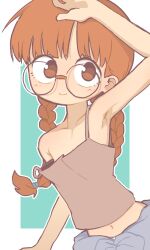 Rule 34 | 1girl, arm up, armpits, bare shoulders, braid, brown camisole, brown eyes, camisole, closed mouth, collarbone, copyright request, flat chest, glasses, highres, long hair, looking at viewer, low twin braids, midriff peek, navel, orenji (orenjipiiru), rectangle, rimless eyewear, simple background, smile, solo, strap slip, tareme, twin braids, upper body