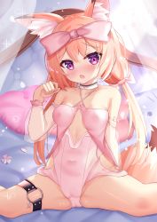 Rule 34 | 1girl, animal ears, bed, bed sheet, breasts, cherry blossoms, chestnut mouth, choker, cleavage, collarbone, commentary request, curtains, detached sleeves, fang, fox ears, fox tail, hair between eyes, highres, hiyada yuu, long hair, looking at viewer, low twintails, original, pajamas, paw pose, petals, pillow, pink hair, purple eyes, sidelocks, sitting, solo, spread legs, tail, tattoo, twintails