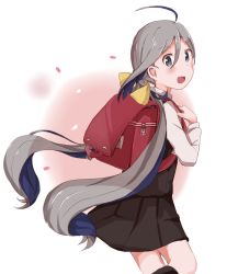 Rule 34 | 1girl, ahoge, alternate costume, backpack, bag, black socks, blue hair, commentary request, cosplay, dress, from side, grey eyes, grey hair, hair between eyes, highres, kantai collection, kasumi (kancolle), kasumi (kancolle) (cosplay), kiyoshimo (kancolle), kneehighs, long hair, long sleeves, looking at viewer, looking to the side, low twintails, multicolored hair, open mouth, petals, pinafore dress, randoseru, remodel (kantai collection), riz (ravel dc), shirt, simple background, sleeveless, sleeveless dress, socks, solo, twintails, very long hair, white shirt