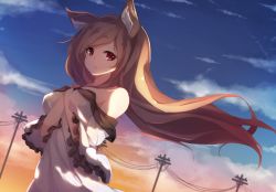 Rule 34 | 1girl, animal ears, arm between breasts, bare shoulders, between breasts, breasts, brown hair, chiroru (cheese-roll), cloud, day, dress, dutch angle, hands up, highres, imaizumi kagerou, long hair, looking at viewer, medium breasts, outdoors, power lines, red eyes, sky, solo, touhou, upper body, very long hair, wind, wolf ears