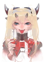 Rule 34 | 1girl, absurdres, aqua eyes, bad id, bad pixiv id, blonde hair, blood, blood on face, cup, dress, drinking glass, evil grin, evil smile, fangs, forked tongue, grin, highres, holding, holding cup, holding drinking glass, horizontal pupils, horns, long hair, looking at viewer, multiple horns, ohisashiburi, open mouth, original, portrait, red dress, smile, solo, tongue, turtleneck