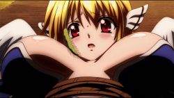 Rule 34 | 1girl, animated, animated gif, astraea (sora no otoshimono), blonde hair, bouncing breasts, breasts, cleavage, huge breasts, large breasts, red eyes, robe, sora no otoshimono, wings