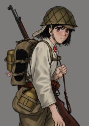 Rule 34 | 1girl, absurdres, ammunition pouch, arisaka, backpack, bag, black hair, bolt action, brown eyes, canteen, charm (object), gun, helmet, highres, holding, holding weapon, imperial japanese army, japan, load bearing vest, mardjan, military, military uniform, pouch, rifle, shirt, tabi, uniform, weapon, white shirt, world war ii, yae miko