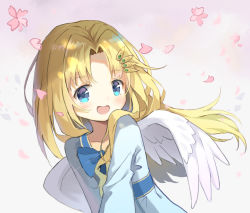 Rule 34 | 1girl, :d, absurdres, aliter, angel wings, blonde hair, blue bow, blue dress, blue eyes, blush, bow, collarbone, commentary request, dress, feathered wings, filo (tate no yuusha no nariagari), flower, grey background, hair ornament, hairclip, highres, long hair, looking at viewer, open mouth, parted bangs, petals, pink flower, simple background, smile, solo, tate no yuusha no nariagari, upper body, white wings, wings