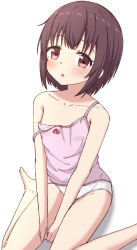 Rule 34 | 1girl, :o, bare arms, bare legs, bare shoulders, barefoot, blush, brown eyes, brown hair, camisole, collarbone, commentary request, highres, looking at viewer, original, panties, parted lips, pink camisole, shadow, short hair, simple background, sitting, solo, strap slip, takasuma hiro, underwear, underwear only, wariza, white background, white panties