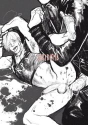Rule 34 | 2boys, ahegao, anal, barefoot, bottomless, dirty, erection, feet, greyscale, highres, leon s. kennedy, male focus, male penetrated, monochrome, mr. x (metal gear), multiple boys, naughty face, penis, resident evil, sex, size difference, smile, testicles, tongue, tongue out, tyrant (resident evil), yaoi