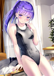 Rule 34 | 1girl, bad id, bad pixiv id, blush, breasts, chair, collarbone, commentary request, competition swimsuit, curtains, desk, hair between eyes, indoors, kobayashi chisato, leaning back, leaning on table, long hair, looking at viewer, one-piece swimsuit, original, plant, ponytail, purple eyes, purple hair, school chair, school desk, school uniform, serafuku, sidelocks, small breasts, solo, swept bangs, swimsuit, wet