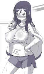 Rule 34 | 1girl, blush, breasts, fukiyose seiri, gym uniform, hand on own hip, hip focus, huge breasts, impossible clothes, impossible shirt, juice box, long hair, monochrome, nakamura yukitoshi, nipples, puffy nipples, purple theme, see-through, shirt, shorts, solo, toaru majutsu no index, toaru majutsu no index: old testament, wet, wet clothes