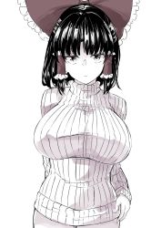 Rule 34 | 1girl, black hair, breasts, commentary request, cowboy shot, deetamu, covered erect nipples, expressionless, hair ribbon, hair tubes, hakurei reimu, highres, huge breasts, looking at viewer, muted color, no pants, ribbon, simple background, sweater, touhou