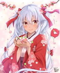 Rule 34 | 1girl, 2019, alternate costume, brown eyes, cherry blossoms, dark-skinned female, dark skin, dated, enemy lifebuoy (kancolle), floral print, flower, food, hair between eyes, hair flower, hair ornament, hair ribbon, highres, holding, holding food, japanese clothes, kantai collection, kimono, long hair, looking at viewer, mashiro yukiya, musashi (kancolle), musashi kai ni (kancolle), pink kimono, red kimono, red ribbon, ribbon, signature, smile, solo focus, tongue, tongue out, two side up, white background, white hair