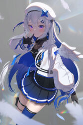 Rule 34 | 1girl, amane kanata, amane kanata (work), angel wings, beret, black dress, black gloves, blue hair, blue thighhighs, blush, closed mouth, colored inner hair, daika!!, dress, feathered wings, gloves, gradient dress, grey hair, hair between eyes, hair ornament, hairclip, hat, highres, hololive, jacket, jewelry, long hair, long sleeves, looking at viewer, mini wings, multicolored hair, necklace, official alternate costume, official alternate hair length, official alternate hairstyle, partially fingerless gloves, pleated dress, pouch, puffy long sleeves, puffy sleeves, purple eyes, single hair intake, single thighhigh, smile, solo, star (symbol), star necklace, thigh pouch, thigh strap, thighhighs, two side up, virtual youtuber, white hat, white jacket, white wings, wings