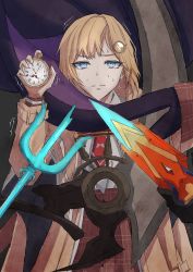 Rule 34 | blonde hair, blue eyes, brown capelet, capelet, cluhob, coat, gawr gura, hair ornament, high-waist skirt, highres, holding, holding cloth, hololive, hololive english, looking at viewer, mori calliope, multiple girls, neckerchief, necktie, ninomae ina&#039;nis, plaid, plaid skirt, pocket watch, polearm, red neckerchief, red necktie, scythe, shirt, short hair, short sword, simple background, skirt, standing, sweatdrop, sword, takanashi kiara, tentacles, trembling, trident, virtual youtuber, watch, watson amelia, weapon, white shirt