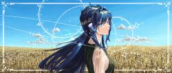 Rule 34 | 1girl, absurdres, animal ears, arknights, astesia (arknights), bird ears, blue eyes, blue hair, bright pupils, cloud, from side, hair ornament, highres, immeasurable, long hair, looking at viewer, outdoors, portrait, shirt, sky, solo, star (symbol), turning head, wheat, wheat field, white pupils, white shirt