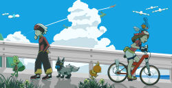 Rule 34 | 1boy, 1girl, :d, absurdres, bandana, beanie, bicycle, bike shorts, brendan (pokemon), closed eyes, cloud, collared shirt, commentary request, creatures (company), day, deoxys, fanny pack, from side, game freak, gen 3 pokemon, hand in pocket, hat, highres, legendary pokemon, may (pokemon), mudkip, mythical pokemon, nintendo, on head, open mouth, outdoors, p 0 a, pants, pokemon, pokemon (creature), pokemon on head, pokemon rse, poochyena, rayquaza, red bandana, red shirt, shirt, shoes, short sleeves, skirt, sky, smile, torchic, treecko, white headwear, white skirt, wingull, yellow bag