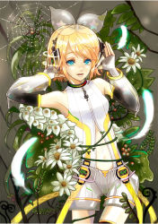 Rule 34 | 1girl, absurdres, aqua eyes, arm warmers, blonde hair, bug, daisy, dante itou, detached sleeves, feathers, flower, hair ornament, hair ribbon, hairclip, headphones, highres, ito shi, kagamine rin, kagamine rin (append), md5 mismatch, navel, resolution mismatch, revision, ribbon, short hair, shorts, silk, smile, solo, source smaller, spider, spider web, vocaloid, vocaloid append