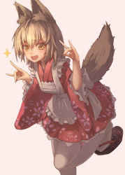 Rule 34 | 1girl, animal ear fluff, animal ears, apron, arms at sides, arms up, bad id, bad pixiv id, blonde hair, blush, commentary request, double fox shadow puppet, fang, floral print, fox ears, fox girl, fox shadow puppet, fox tail, highres, japanese clothes, kimono, lolita fashion, long sleeves, looking at viewer, medium hair, okobo, original, osobachan, red kimono, red skirt, ribbon-trimmed legwear, ribbon trim, sandals, skirt, solo, sparkle, sparkling eyes, standing, standing on one leg, tail, thighhighs, wa lolita, white thighhighs, wide sleeves, zettai ryouiki