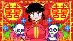 Rule 34 | 1girl, baozi, black hair, blue flower, blush stickers, bun cover, chinese clothes, double bun, flower, food, fruit, fujishima moyu, green eyes, hair bun, hands in opposite sleeves, highres, looking at viewer, original, panda, peach, red background, red shirt, shirt, short hair, smile, translation request