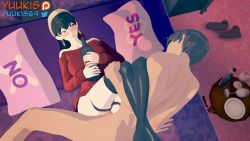 Rule 34 | 1boy, 1girl, 3d, animated, bed, bedroom, black hair, black legwear, blush, bottle, clothed female nude male, crossover, drunk, hairband, ichiban ushiro no daimaou, nude, on bed, penis, pillow, sai akuto, sex, spy x family, tagme, uncensored, video, yor briar, yuukis