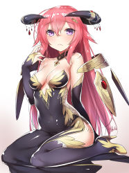 Rule 34 | 1girl, 47agdragon, bare shoulders, black dress, black footwear, black thighhighs, blush, boots, breasts, bridal gauntlets, china dress, chinese clothes, closed mouth, commentary request, covered navel, demon girl, demon horns, dress, fang, fang out, fingernails, hair between eyes, highres, horns, long hair, medium breasts, original, pelvic curtain, pink hair, purple eyes, signature, sitting, solo, strapless, strapless dress, thigh boots, thighhighs, very long hair, yokozuwari