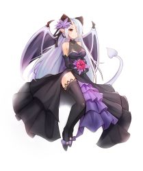 Rule 34 | 1girl, absurdres, backlighting, bare shoulders, black dress, black gloves, black thighhighs, bouquet, breasts, collarbone, commission, demon girl, demon horns, demon tail, demon wings, dress, elbow gloves, flower, full body, gloves, hair over one eye, hair ribbon, highres, holding, holding bouquet, horns, ilassa (elh), lilim (monster girl encyclopedia), long hair, looking at viewer, medium breasts, monster girl encyclopedia, original, pointy ears, red eyes, ribbon, shoes, side slit, simple background, smile, solo, sookmo, tail, tail raised, thighhighs, very long hair, white background, white hair, wings
