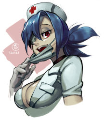 Rule 34 | 1girl, artist request, blue hair, breasts, cleavage, eun dari, eyepatch, gloves, hat, large breasts, latex, latex gloves, mouth mask, nurse, nurse cap, ponytail, red eyes, scar, skullgirls, solo, surgical mask, valentine (skullgirls), white gloves