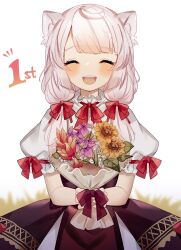Rule 34 | 1girl, :d, ^ ^, animal ears, blunt bangs, blush, bouquet, bow, brown skirt, cat ears, cat girl, closed eyes, commentary request, commission, facing viewer, flower, grey hair, hair bow, happy, high-waist skirt, highres, holding, holding bouquet, indie virtual youtuber, izumiya konomi, leaf, long hair, neck ribbon, notice lines, open mouth, plant, puffy short sleeves, puffy sleeves, purple flower, red bow, red flower, red ribbon, ribbon, shirt, short sleeves, skeb commission, skirt, smile, solo, sorani (kaeru0768), straight-on, teeth, twintails, upper body, upper teeth only, virtual youtuber, white background, white shirt, yellow flower